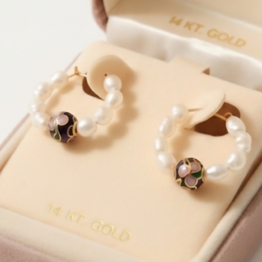 Jacmel 14K Gold Pearl Cloisonne Enamel Hoop Earrings